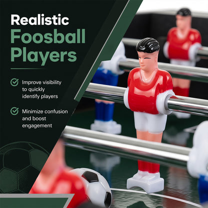 The game room table close-up of the red and blue plastic players on metal rods