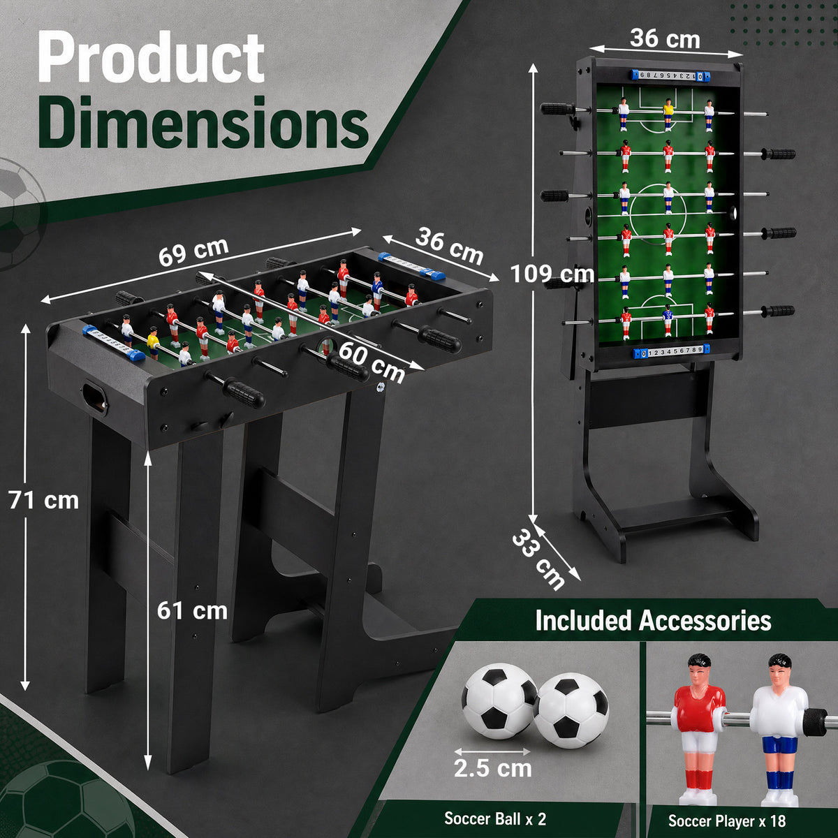 The game room table showing dimensions and included accessories on a dark background