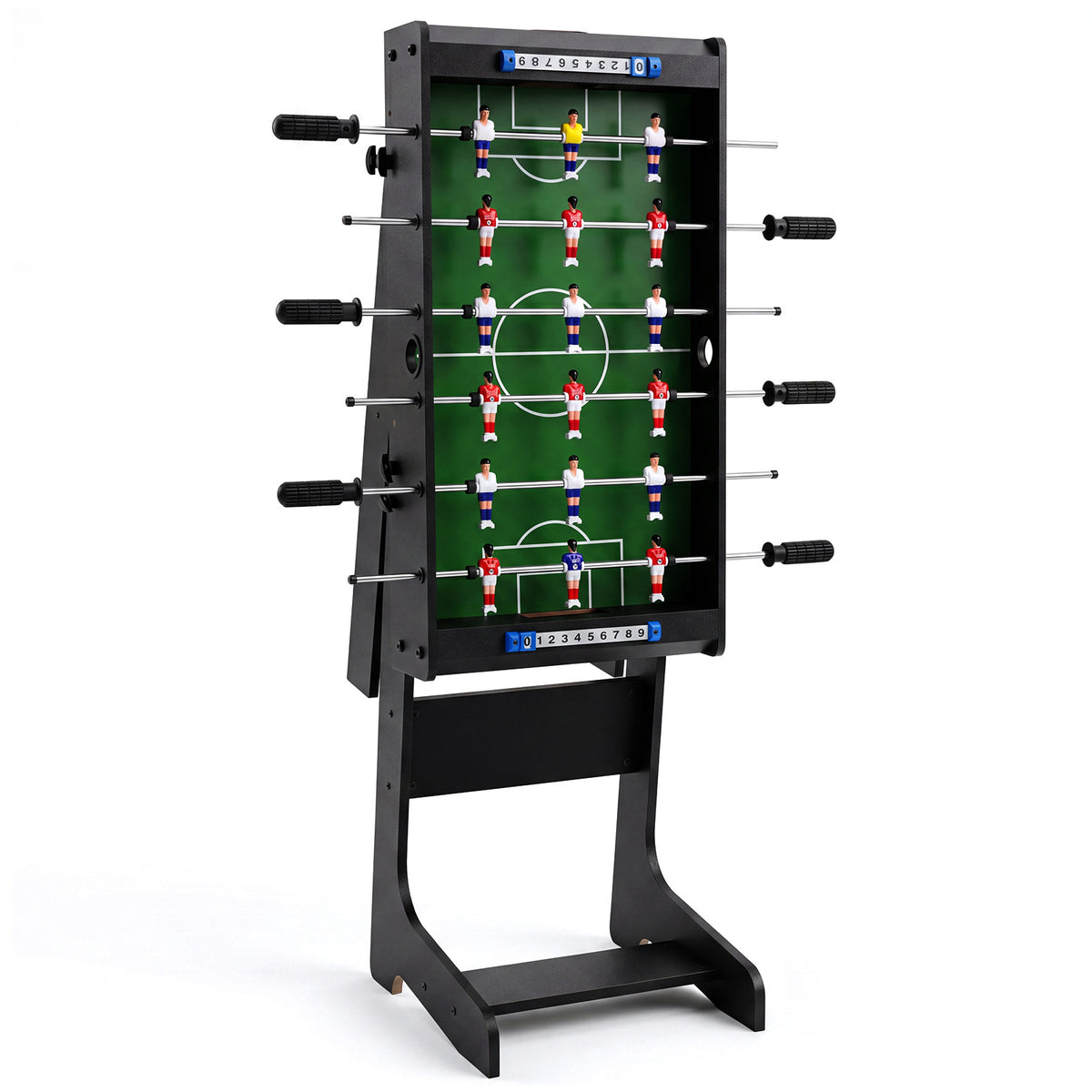 The game room table standing vertically on its legs against a plain background