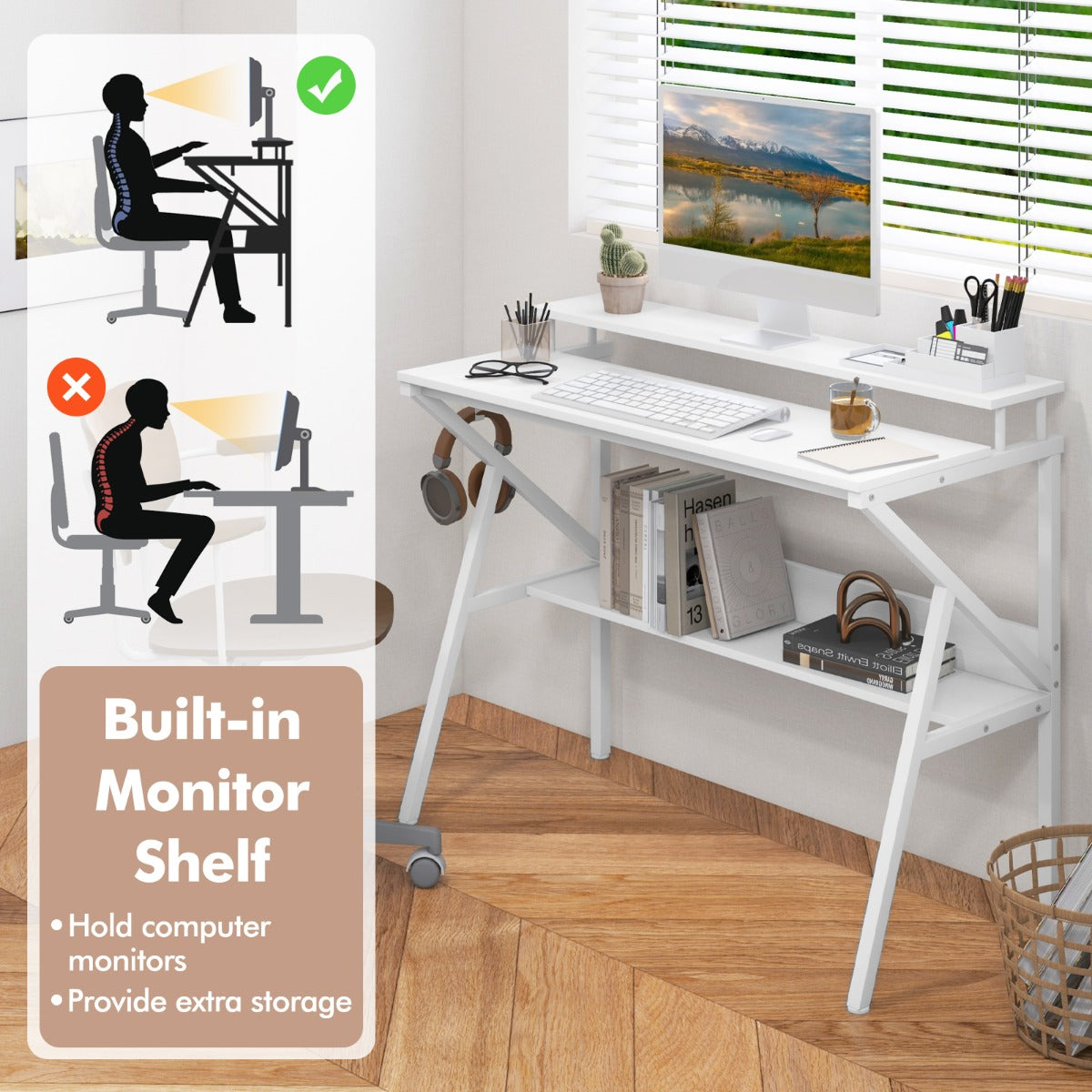 Space Saving Computer Desk with Monitor Stand and Open Shelf-White