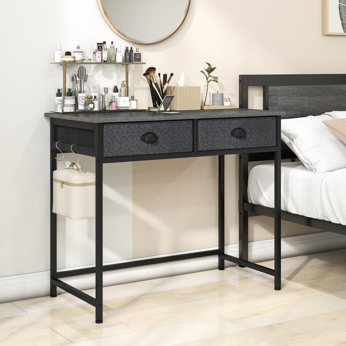 Space Saving Computer Desk with 2 Fabric Drawers-Grey