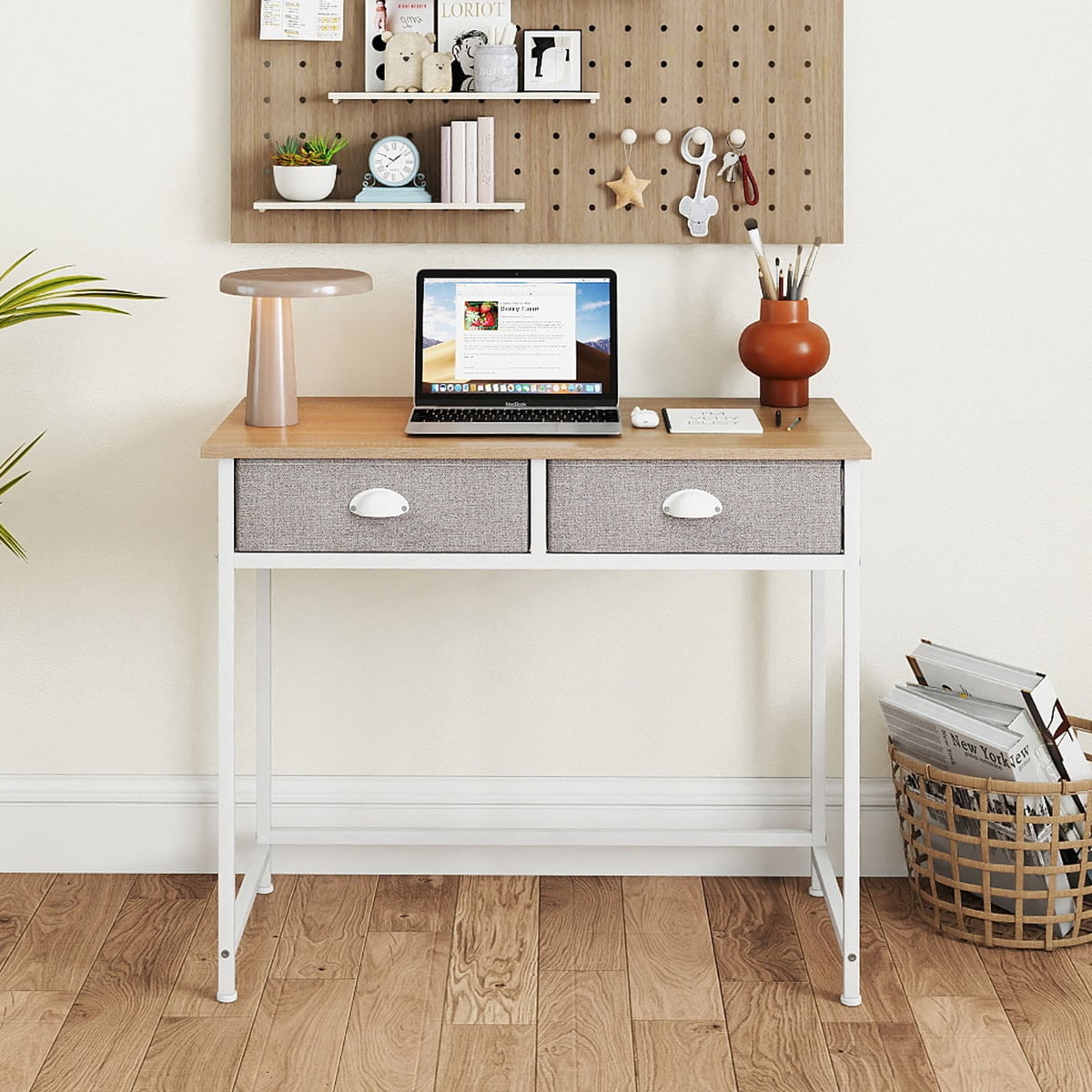 Space Saving Computer Desk with 2 Fabric Drawers-Natural