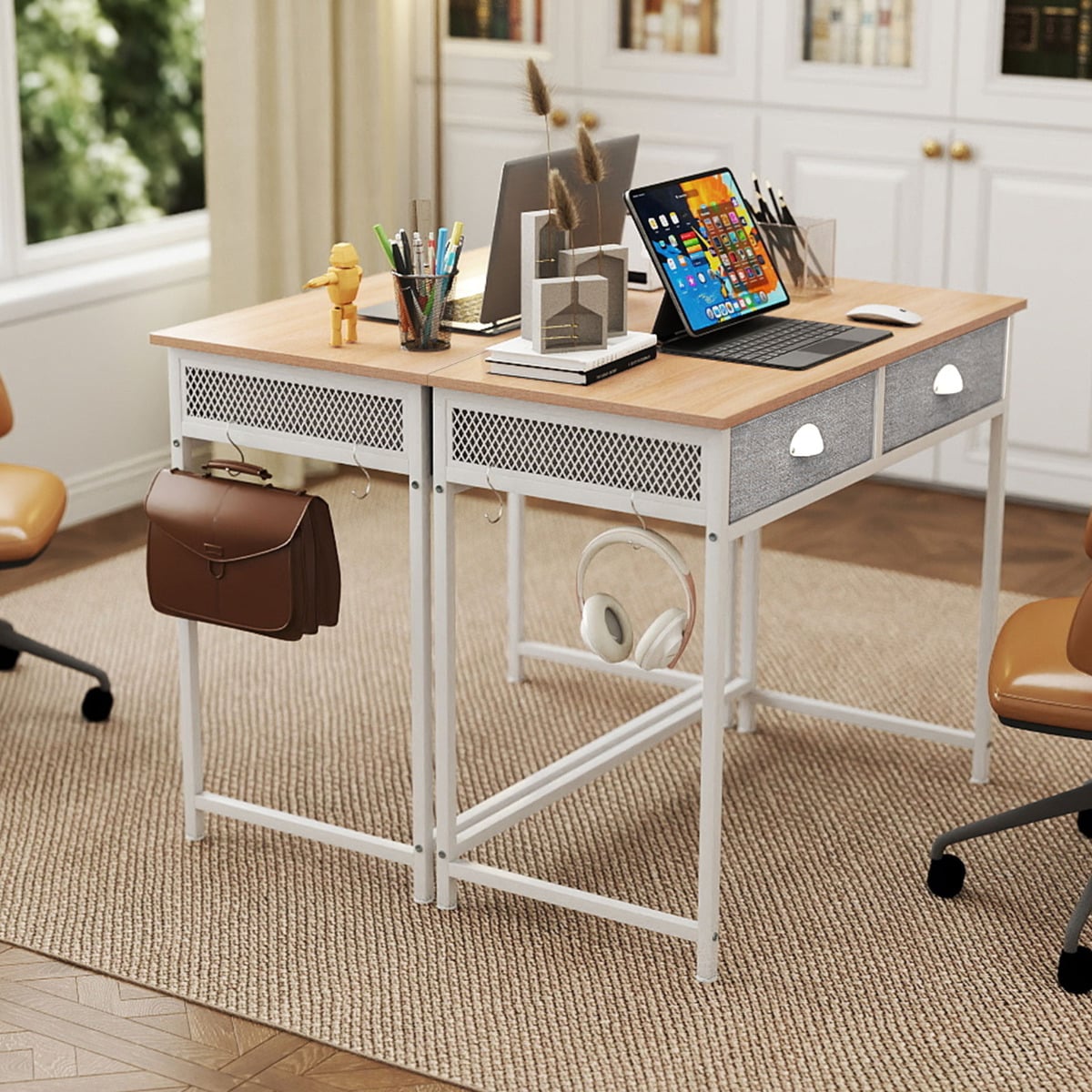 Space Saving Computer Desk with 2 Fabric Drawers-Natural