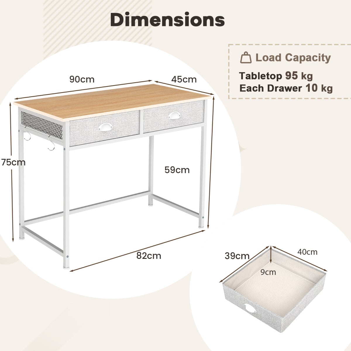 Space Saving Computer Desk with 2 Fabric Drawers-Natural