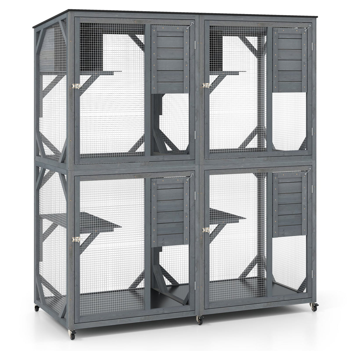 Spacious Fir Wood Outdoor Cat Enclosure with two rest nooks and four activity platforms in grey