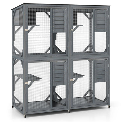 Spacious Fir Wood Outdoor Cat Enclosure with two rest nooks and four activity platforms in grey