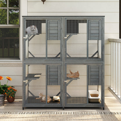 Outdoor cat enclosure with cats resting and eating on a patio
