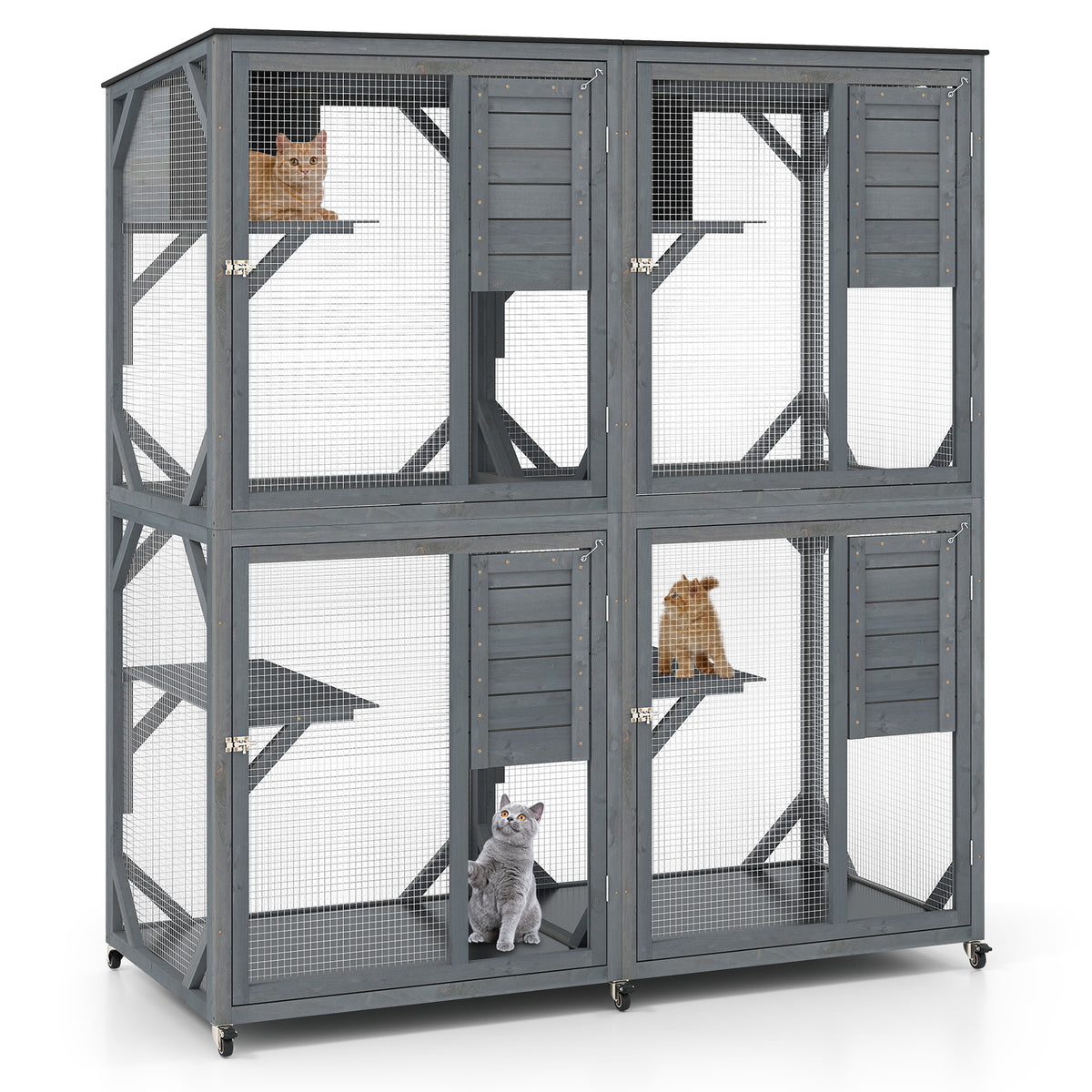Grey outdoor cat enclosure with multiple levels and platforms