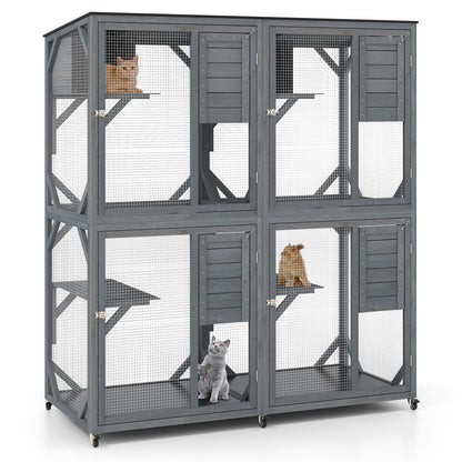 Grey outdoor cat enclosure with multiple levels and platforms
