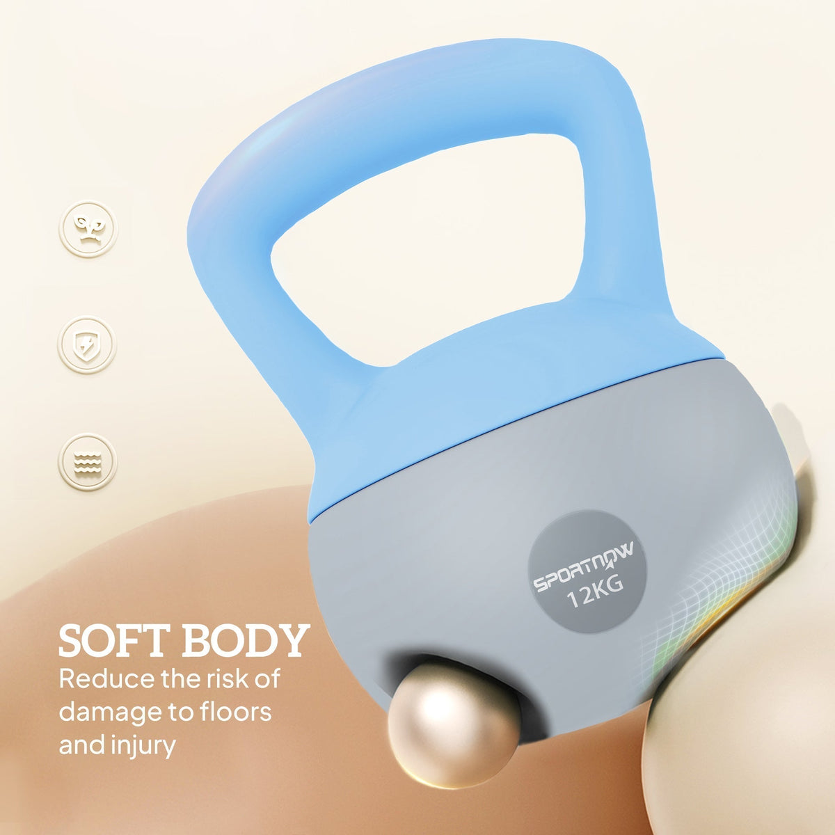 Close-up of the soft kettlebell showing its construction and weight marking