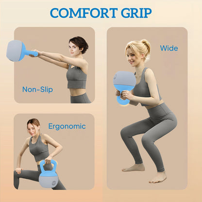 Three women demonstrating different ways to hold and use the soft kettlebell