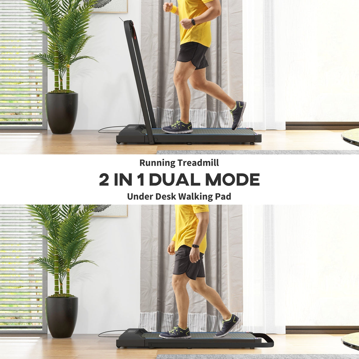 The running machine shown in two different modes for walking and running exercise