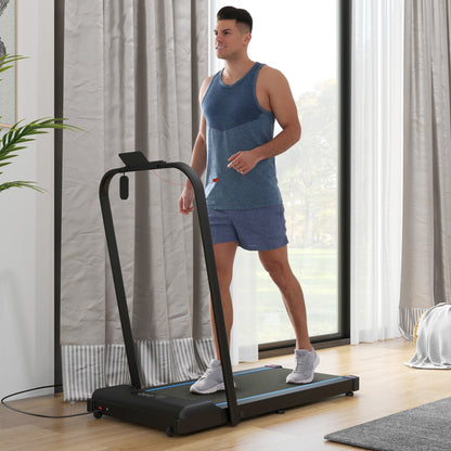 The folding treadmill being used by a man walking in a bright living room setting