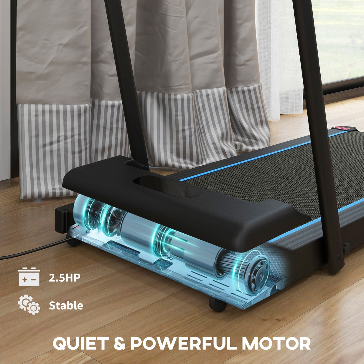 The treadmill base showing a transparent view of the internal motor and components
