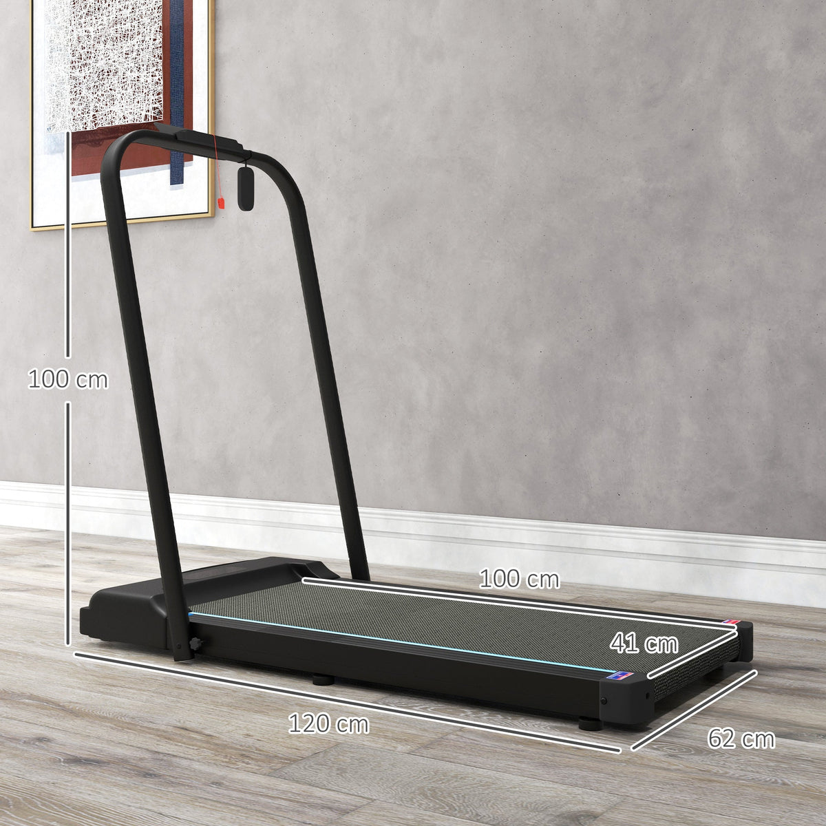 The walking pad displayed with white dimension lines indicating its physical size