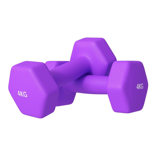 SPORTNOW 2 x 4kg Hexagonal Dumbbells Weights Set in a purple finish stacked on a white background