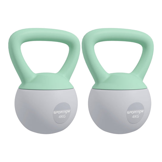 SPORTNOW 2 x 4kg Soft Kettlebell, a pair of grey and green weights with a non-slip handle