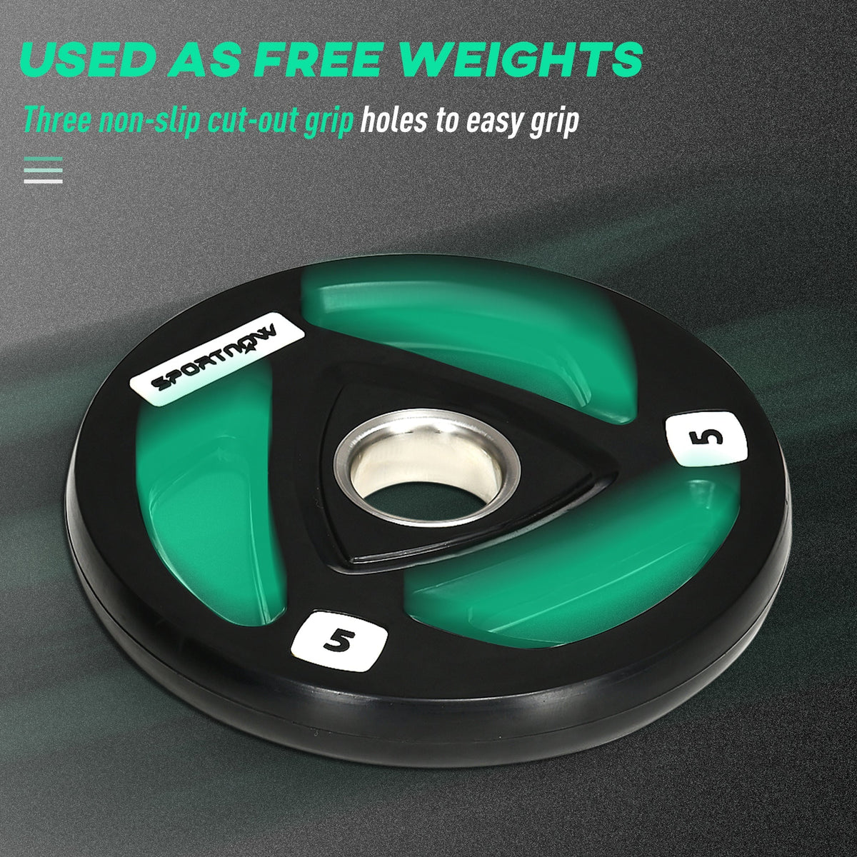 A single rubber-coated weight plate with green lighting highlighting its grip holes