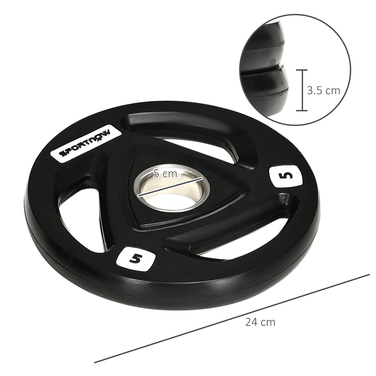 Close-up of a single 5kg Olympic weight plate showing its dimensions