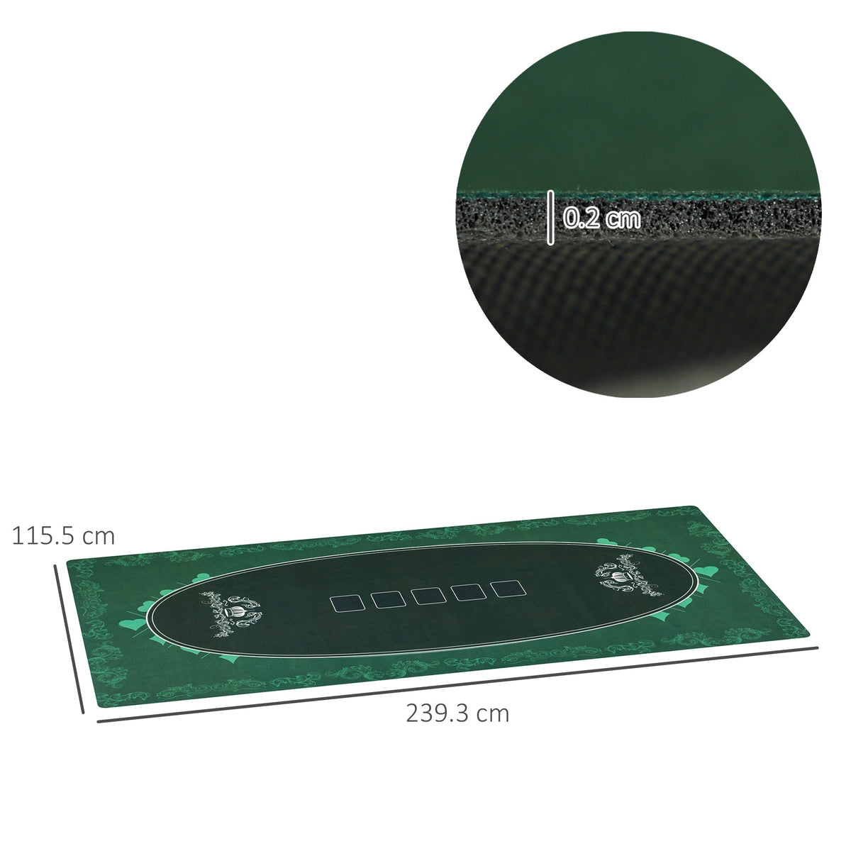 the green poker mat with dimensions shown
