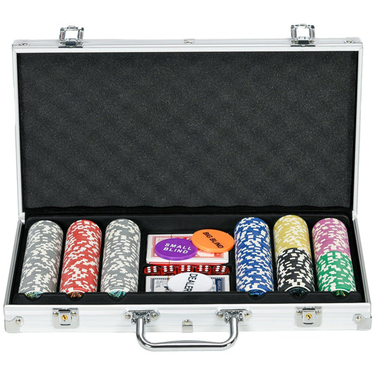 SPORTNOW 300-Piece Poker Chips Set open showing stacks of colourful chips, cards and dice