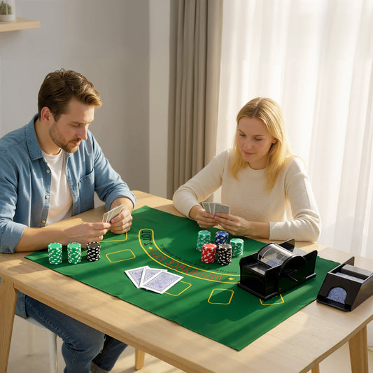 A man and woman playing a card game on the green felt mat with chips and the shuffler on a table