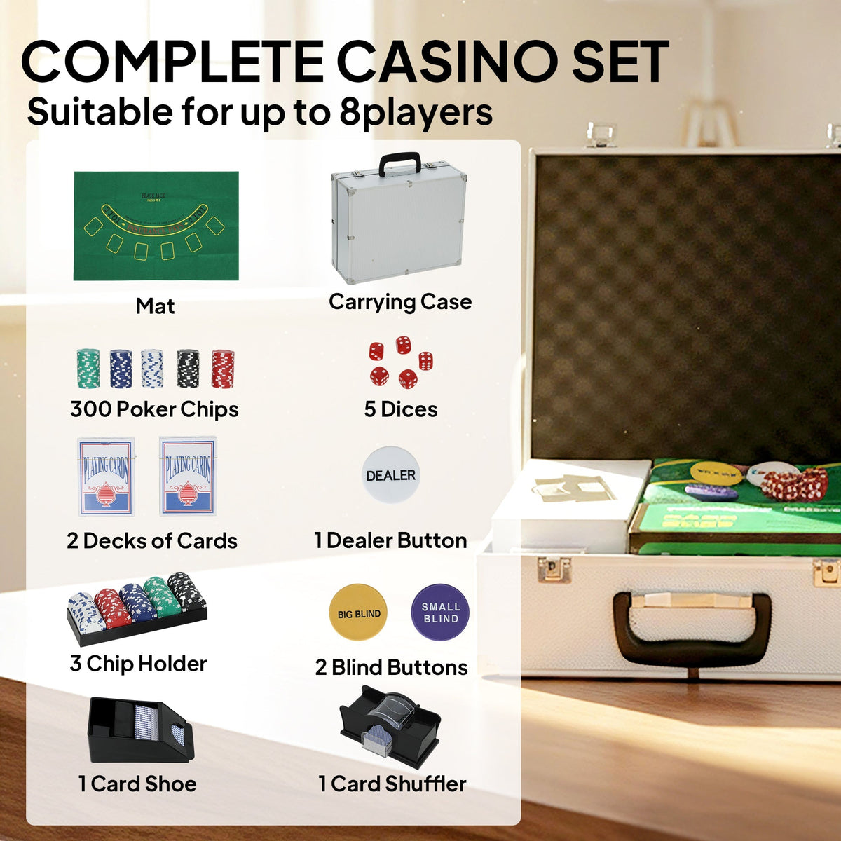 The game room equipment laid out with labels identifying the chips, cards, and gaming accessories