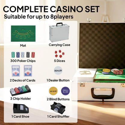 The game room equipment laid out with labels identifying the chips, cards, and gaming accessories