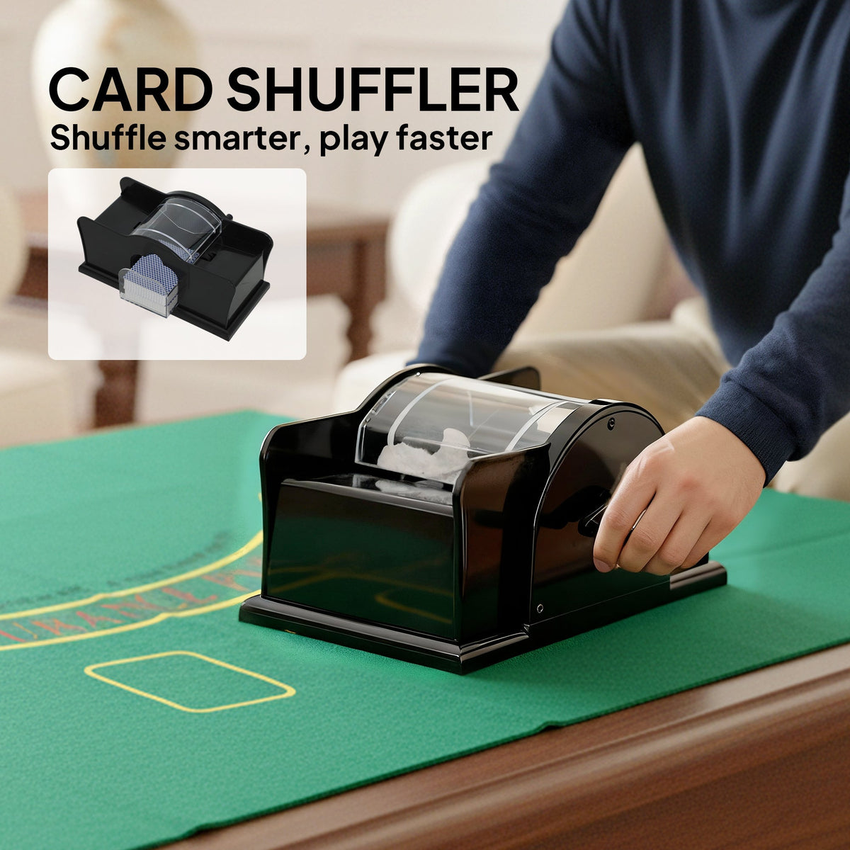 The black card shuffler being operated by a person on the green felt poker mat