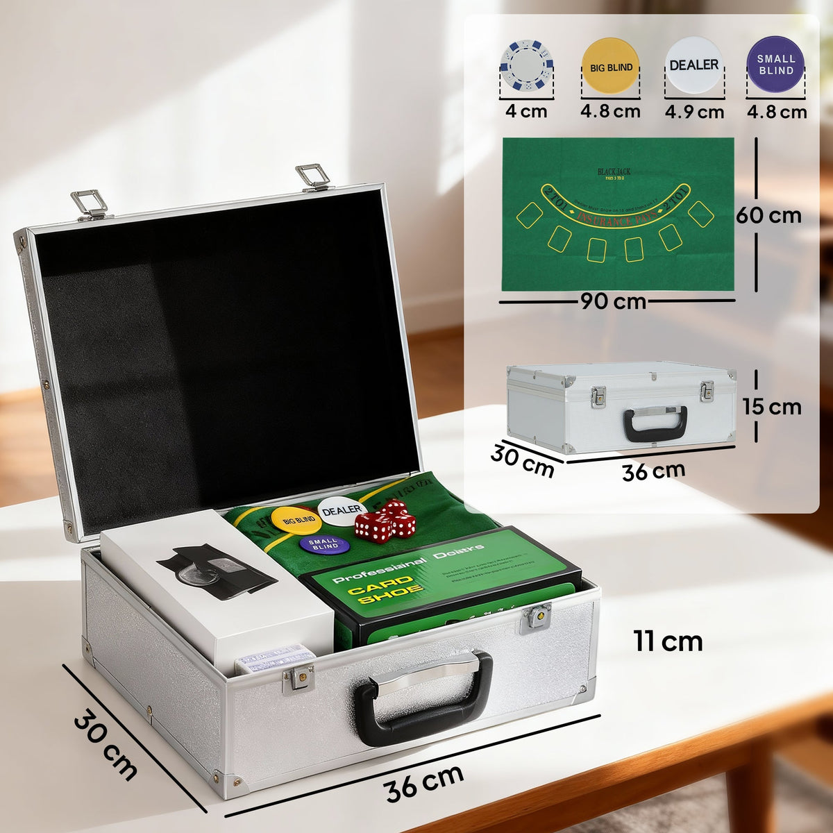 The poker set inside the silver carry case with dimensions shown for the mat and the case