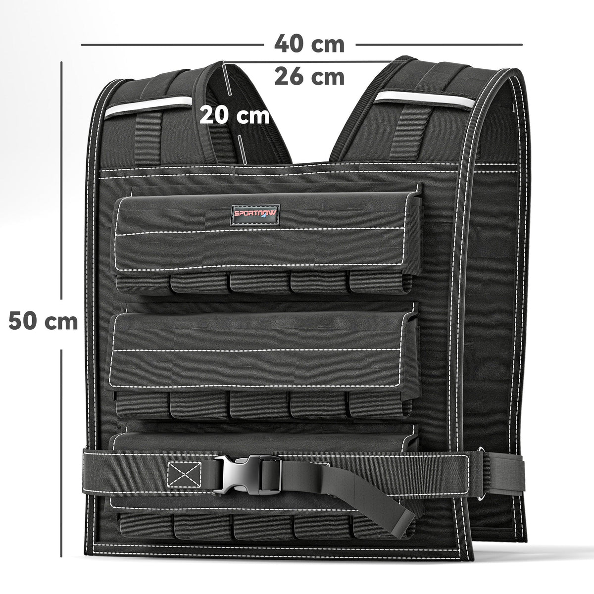 Adjustable weighted vest with dimensions shown for size guidance