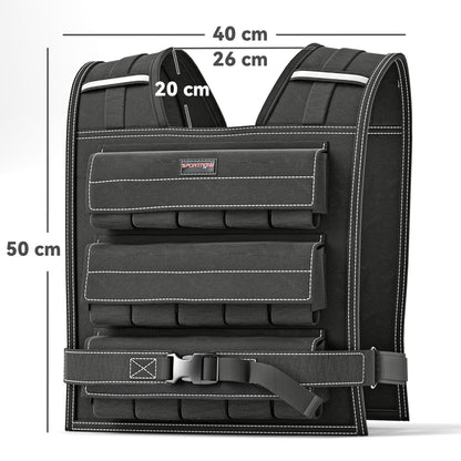 Adjustable weighted vest with dimensions shown for size guidance
