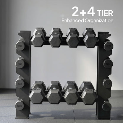 the strength accessory rack with dumbbells on two tiers