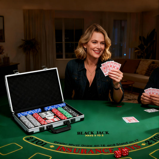 A woman plays poker with a poker chips set on a casino table