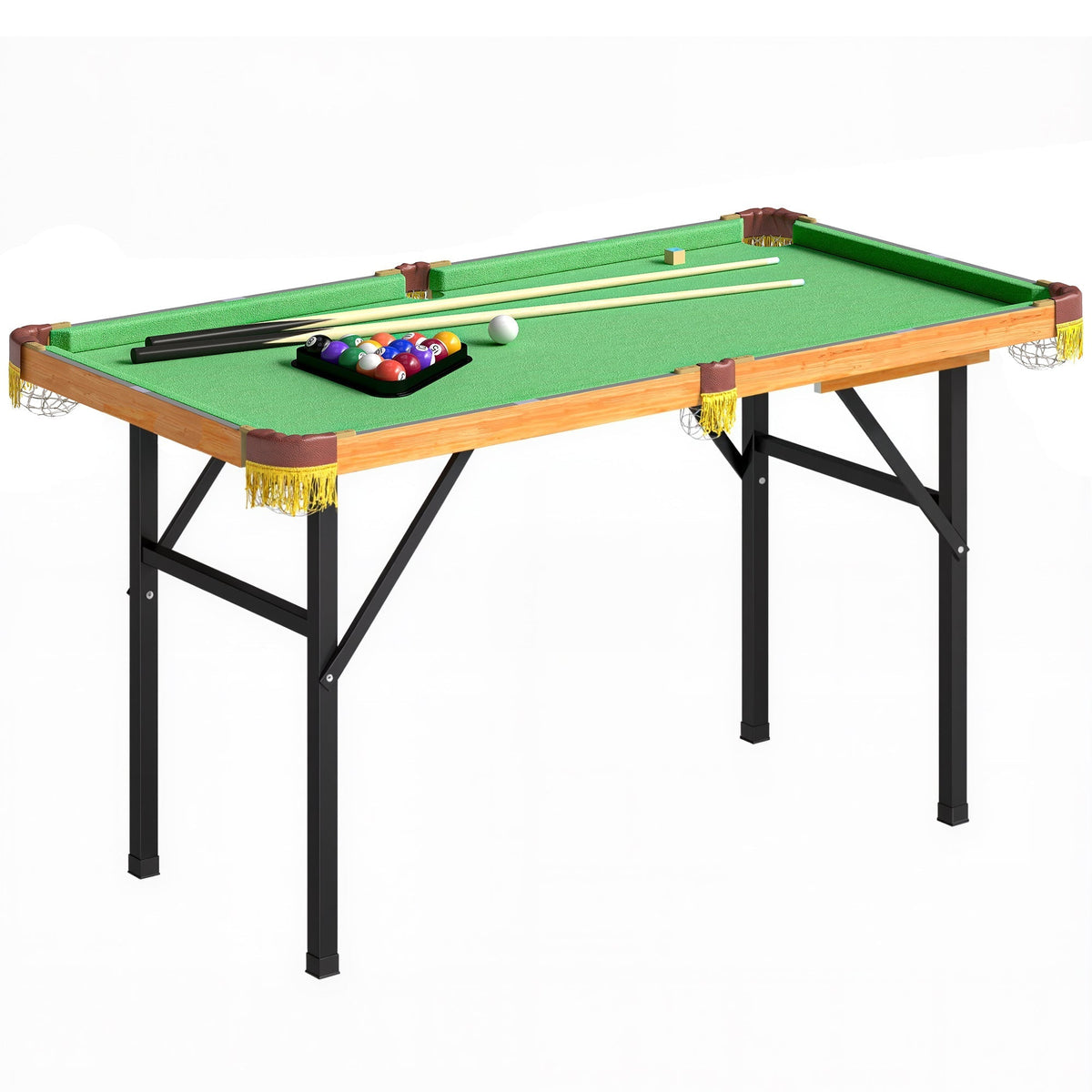 SPORTNOW 4FT Mini Folding Pool Billiards Table with cues and balls set up on the green felt surface