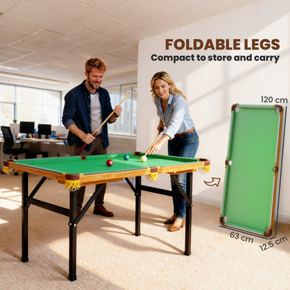 A couple playing pool on the compact folding billiards table in a modern office space