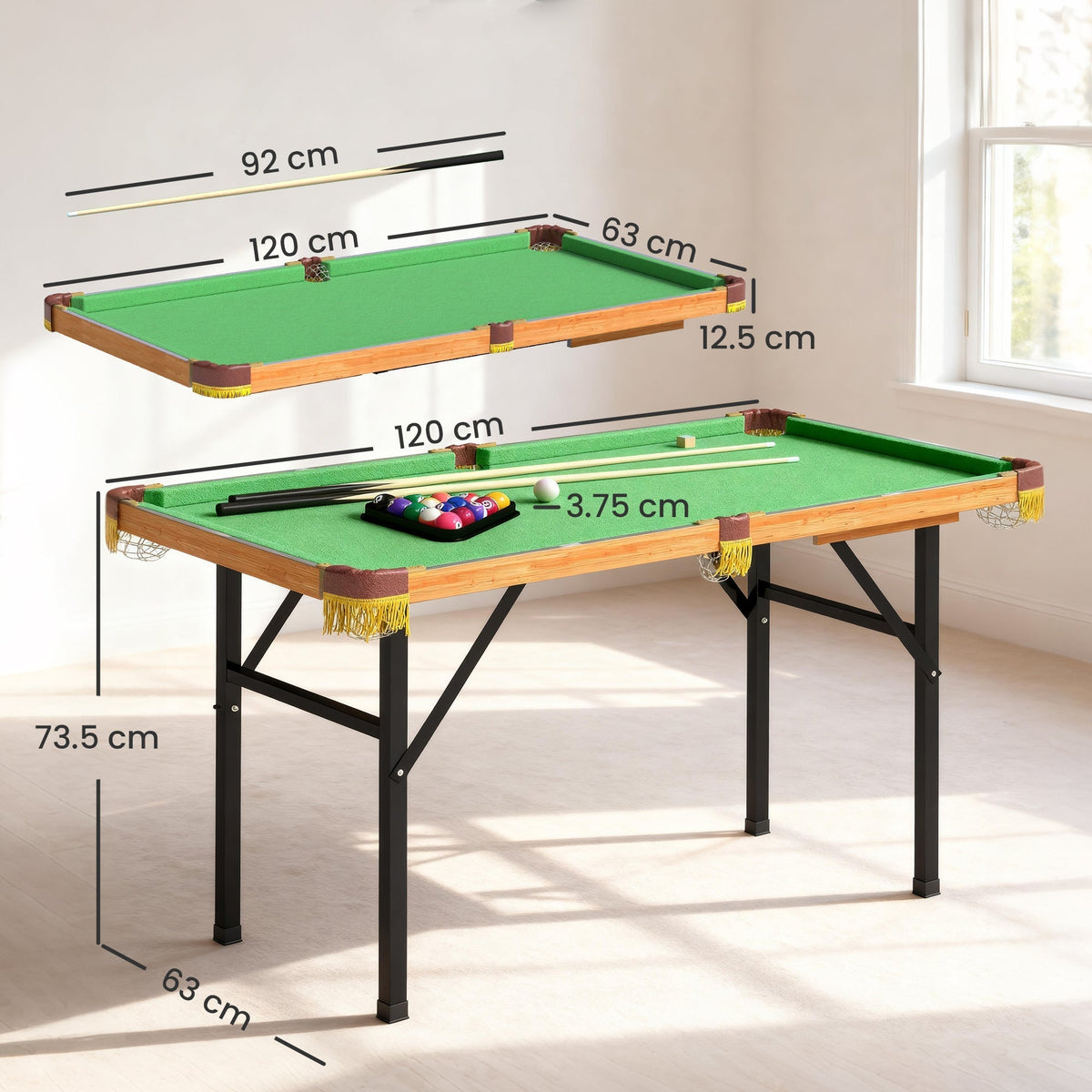 Dimensions of the folding pool table with cues and balls shown