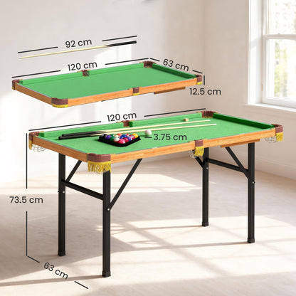 Dimensions of the folding pool table with cues and balls shown