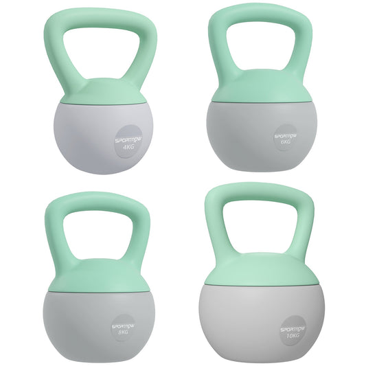 SPORTNOW 4kg/6kg/8kg/10kg Soft Kettlebell set shown in four different sizes in grey and green