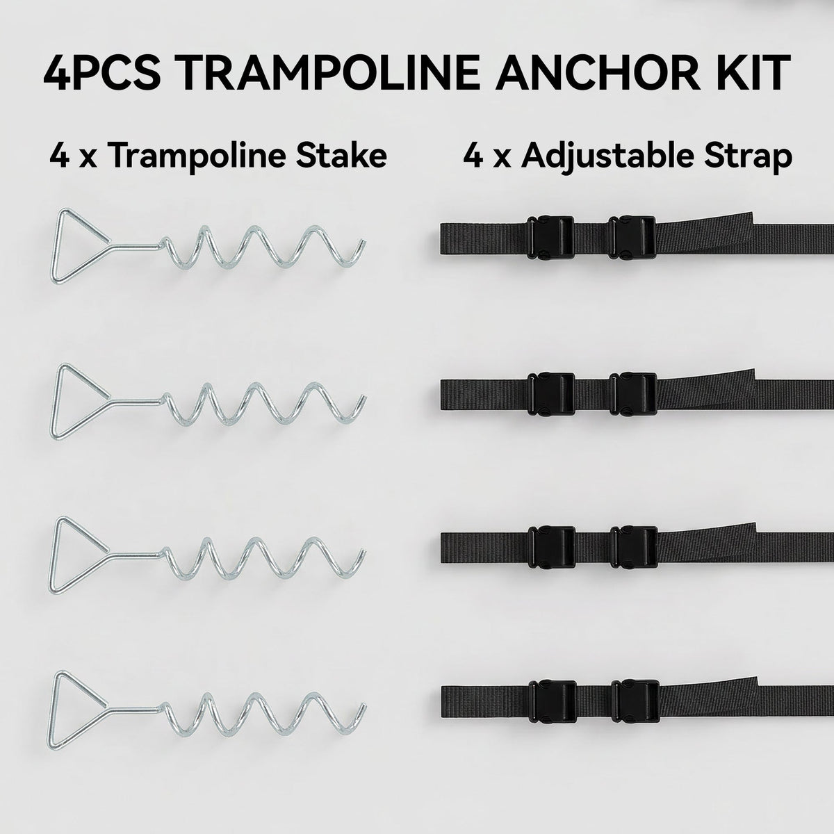 Four trampoline stakes and four adjustable straps laid out