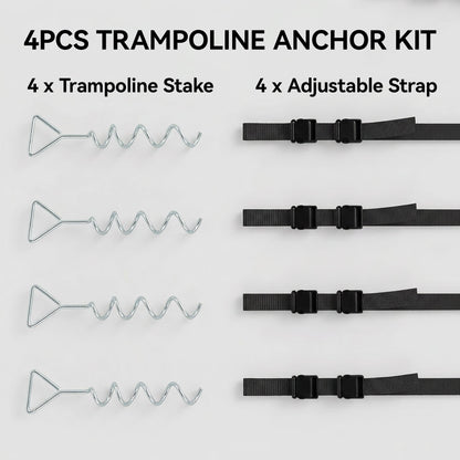 Four trampoline stakes and four adjustable straps laid out