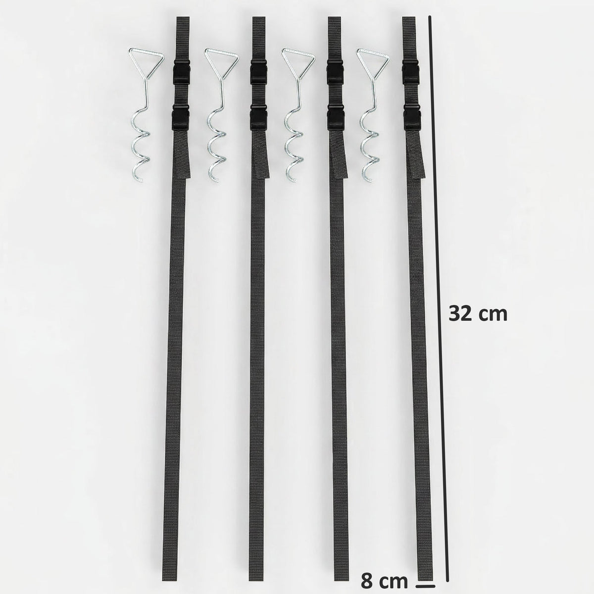 The trampoline anchor kit stakes and straps with dimensions shown