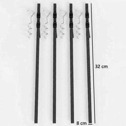 The trampoline anchor kit stakes and straps with dimensions shown