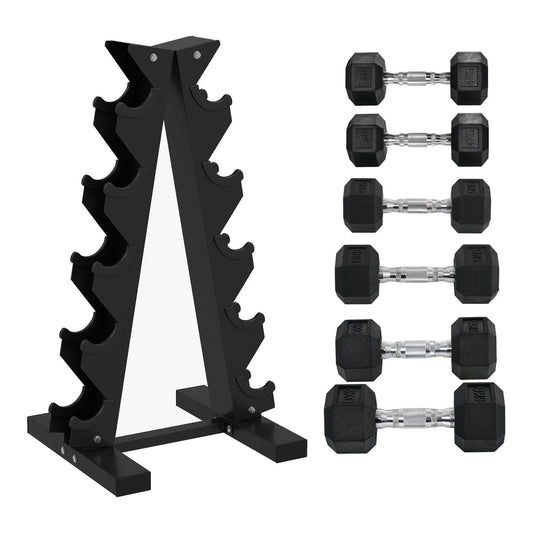 SPORTNOW 5-Tier Dumbbell Rack with 6 Hexagonal Rubber Dumbbells, shown with weights