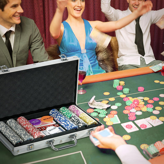 the poker set in use on a green table during a lively game with friends