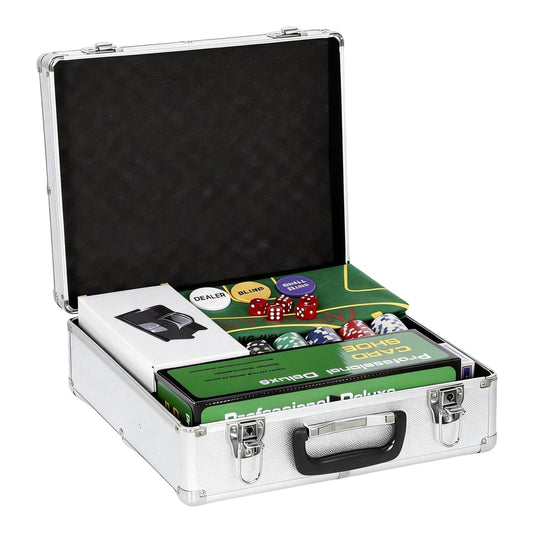 SPORTNOW 500-Piece Poker Chips Set with Card Shuffler inside a silver metal carry case