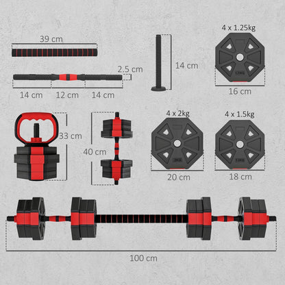 Diagram showing the dimensions of the adjustable weight dumbbells set components