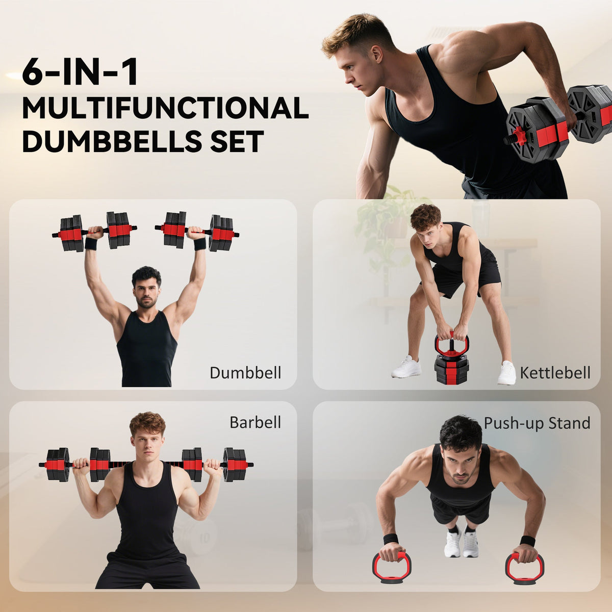 Four workout poses using the multifunctional dumbbells set as a dumbbell, kettlebell, barbell and push-up stand