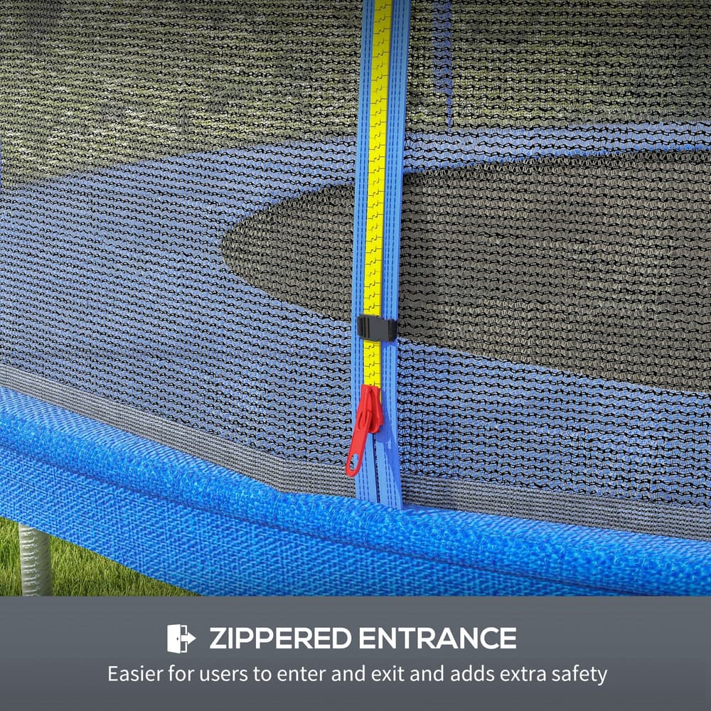 The trampoline safety net featuring a bright yellow zip for the entrance