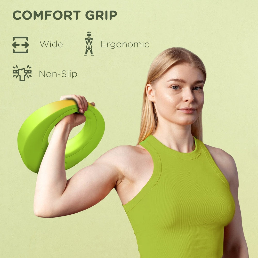 Woman holding the green kettlebell, highlighting its wide and ergonomic handle